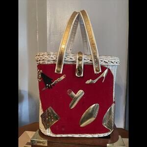 Midas Of Miami Red Velvet White Wicker Rattan Gold Accessories Bag Purse Tote